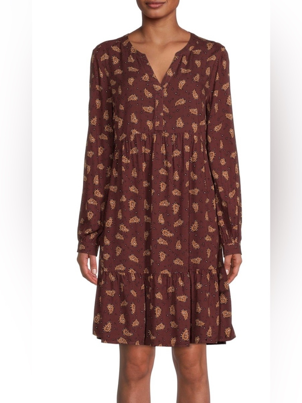 Beach Lunch Lounge boho maroon long-sleeved paisley print tired dress Size L